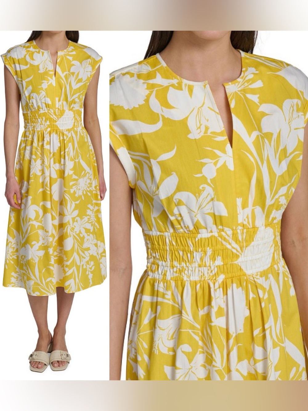 Calvin Klein Women's YELLOW Floral Smocked Midi Dress Size 6 NWT